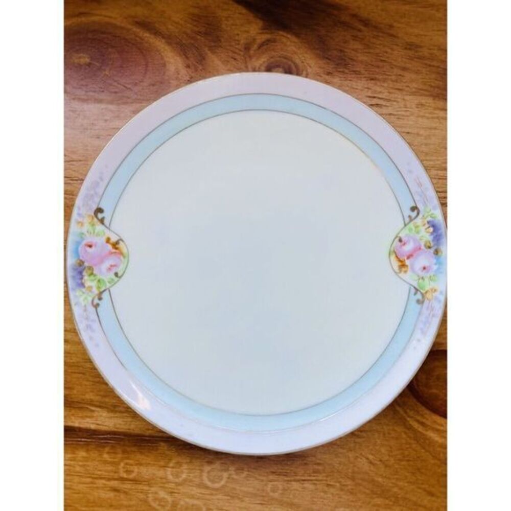 VTG Meito Plate‎ With Rose Design Handpainted Blue Pink W/Gold Trim Multi Color